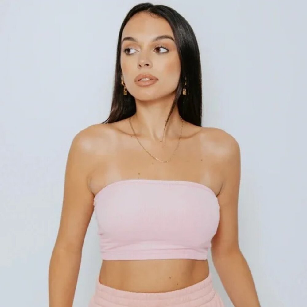 Klassy Network Ribbed Tube Top Brami (Crop) - Pink, Size Small